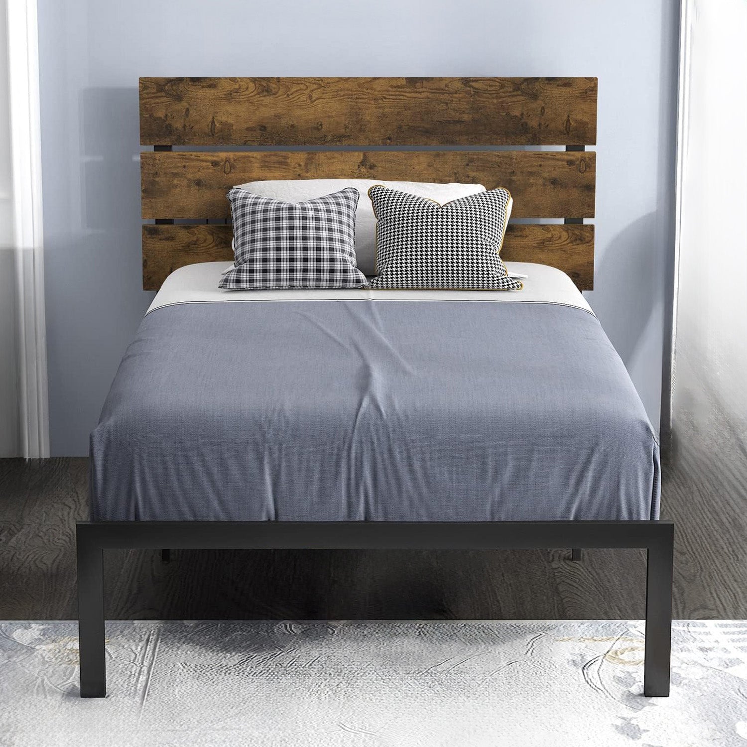 Platform Bed Frame with Wooden Headboard and Metal Slats, Queen/Full