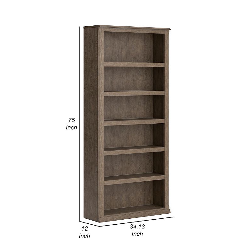 75 Inch Freestanding Bookcase， Adjustable Shelves， Wire Brushed Light Brown