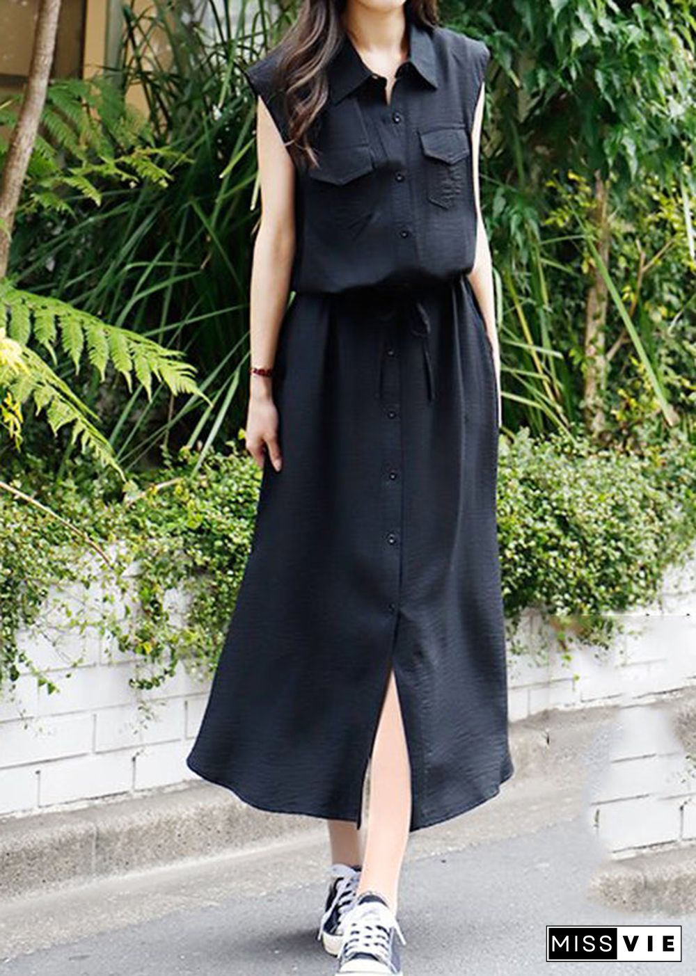 Solid Drawstring Waist Pocket Button Front Maxi Cargo Dress Black