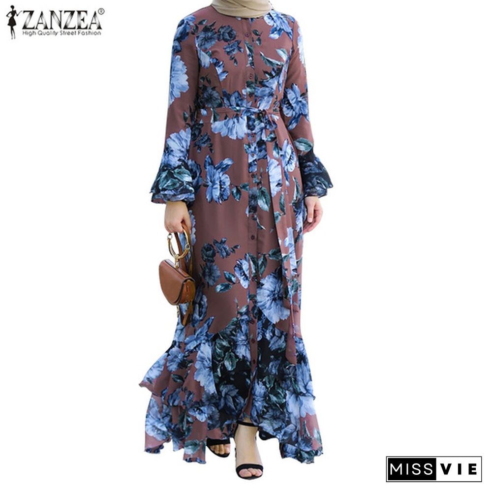 ZANZEA Women Muslim Islamic Kaftan Vintage Flowers Printed Ruffles Long Sleeve Blouson Maxi Dress