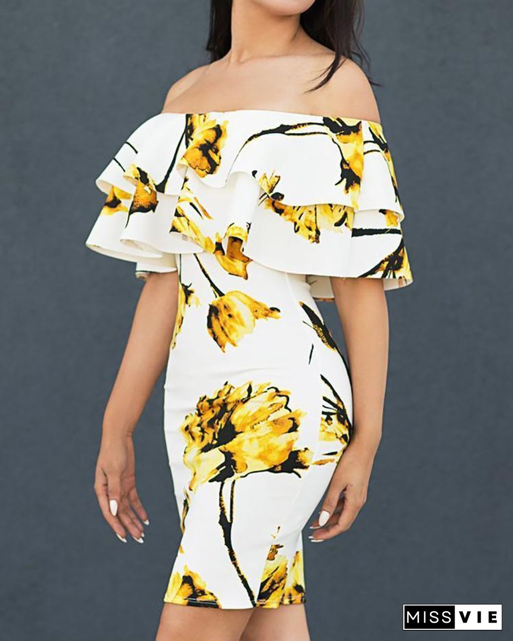 Floral Layered Ruffles Off Shoulder Bodycon Dress P11817