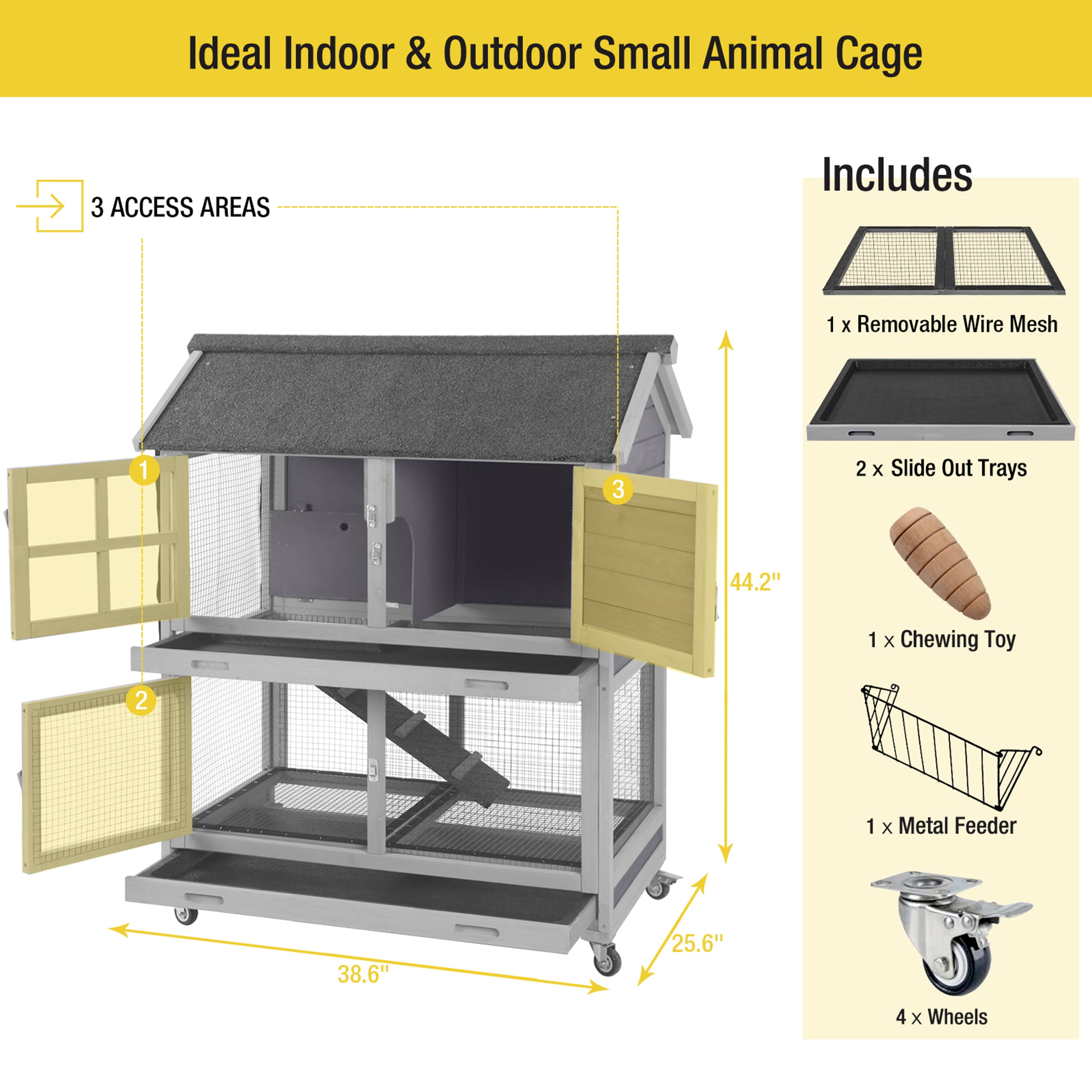 Morgete Outdoor Rabbit Hutch Bunny House with Wheels， Wooden Guinea Pig Cage for Small Animals