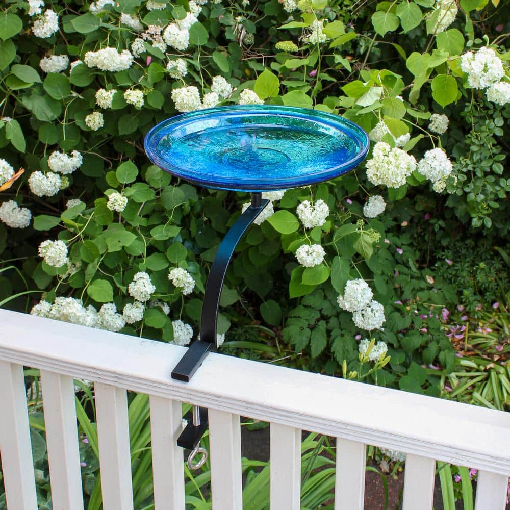 ACHLA DESIGNS 14 in. Dia Teal Blue Reflective Crackle Glass Birdbath Bowl with Rail Mount Bracket CGB-14T-RM