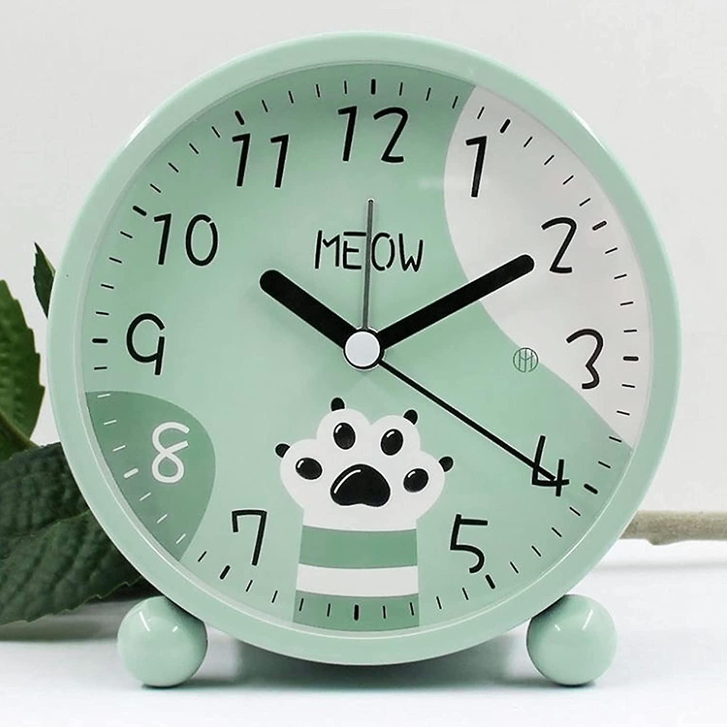 4 Inches Round Alarm Clock Cute Cartoon Cat Paw，backlight，battery Operated，non Ticking，analog Alarm Clock For Bedroom，bedside，desk，green