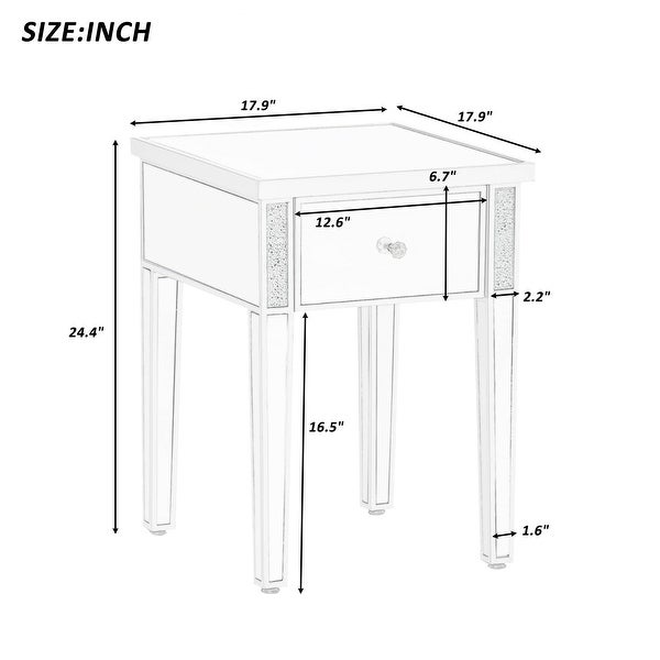 Silver Glass Mirrored End Table with Drawer and Adjustable Height Legs