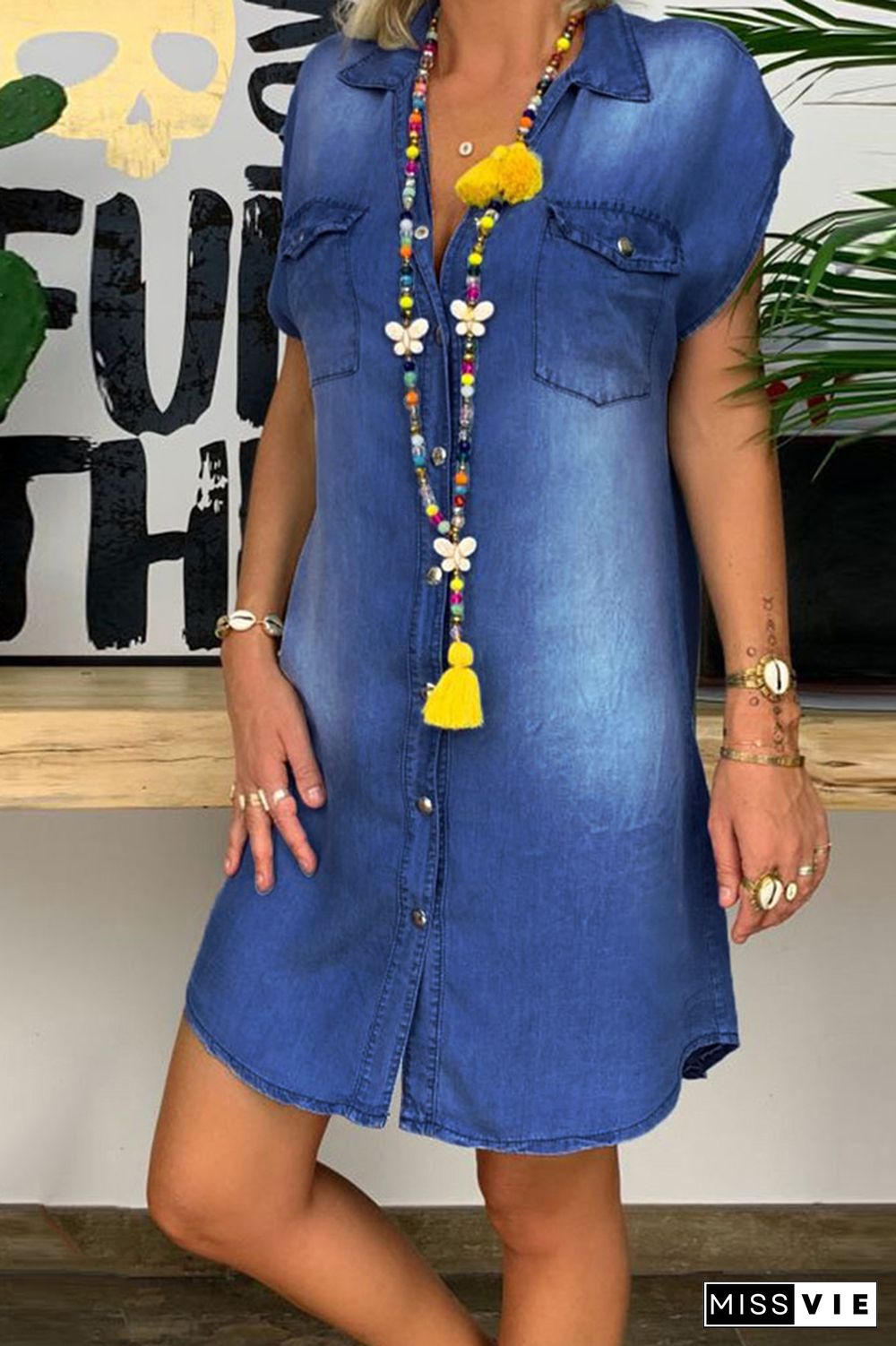 Button Down Loose Denim Dress Wholesale