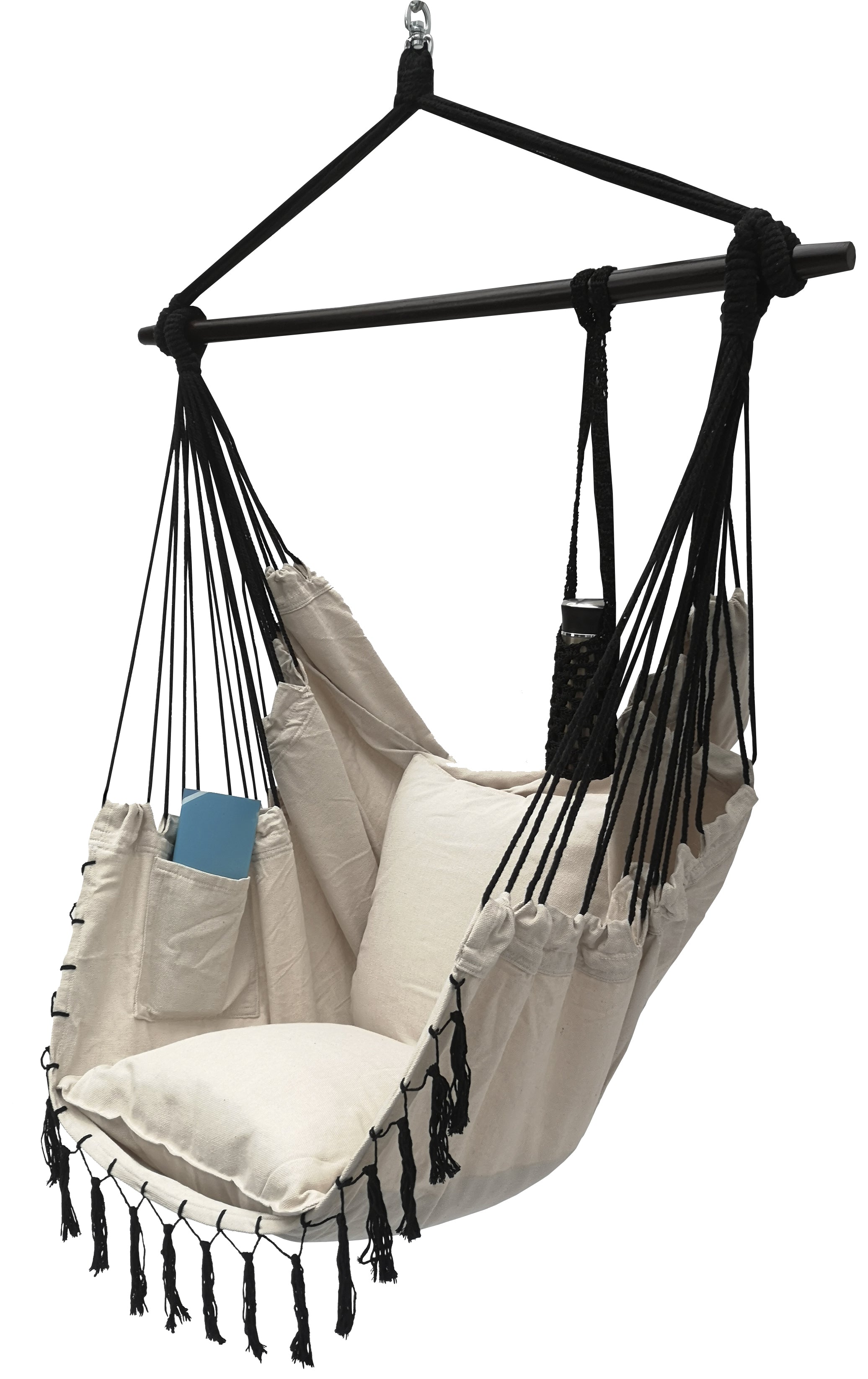 Project One Hanging Rope Hammock Chair, Hanging Rope Swing Seat with 2 Pillows, Carrying Bag, and Hardware Kit Perfect for Outdoor/Indoor Yard Deck Patio and Garden, 300 Pound Capacity (Beige)