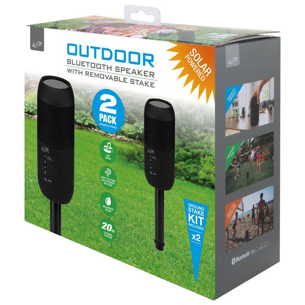 iLive Indoor Outdoor IPX6 Waterproof Bluetooth Wireless Speakers with Removable Stakes in Black (Set of 2) ISBW240BDL