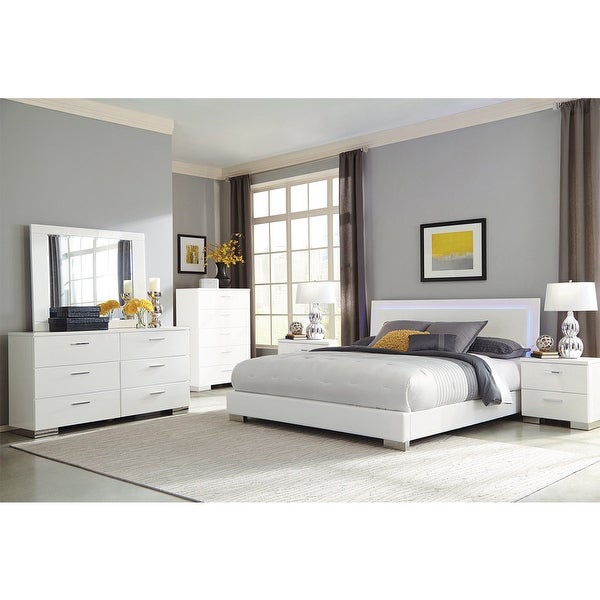 6 Piece PU Bedroom Set with LED Lighting Headboard in Glossy White - - 36135678