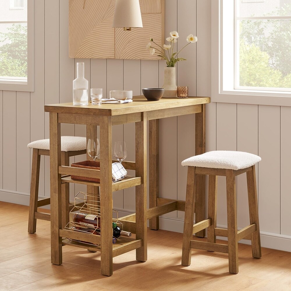 Mopio Kelly Solid Wood Counter Table Set with 2 Boucle stools  3 piece Dining Set  Small Kitchen Island with Storage Shelves