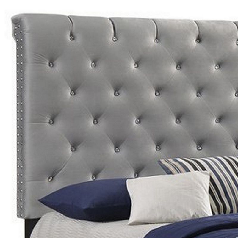 Fabric Upholstered Queen Size Bed with Scroll Headboard Design， Gray