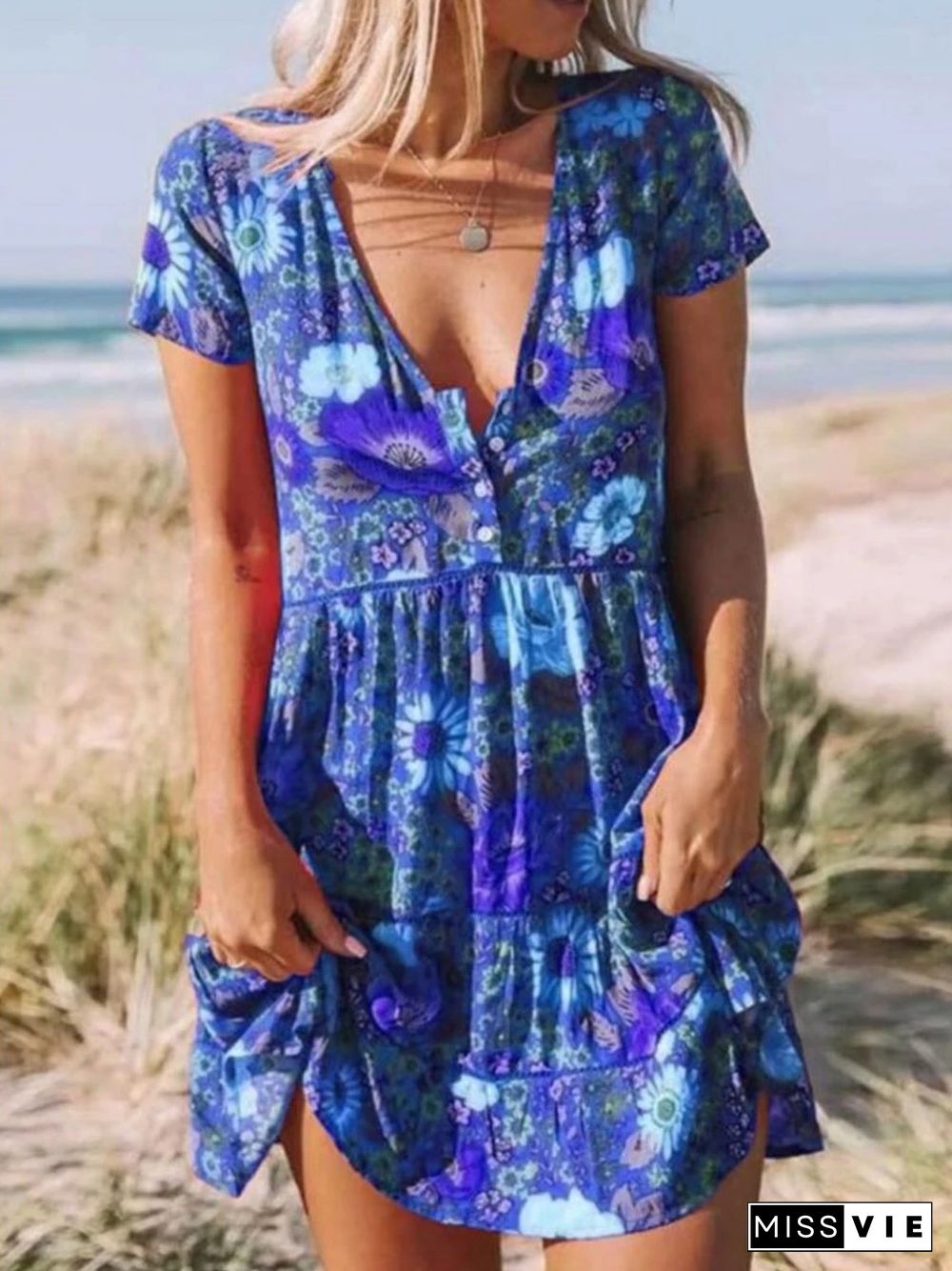 V-neck Short Sleeve Boho Print Mini Dress P16313