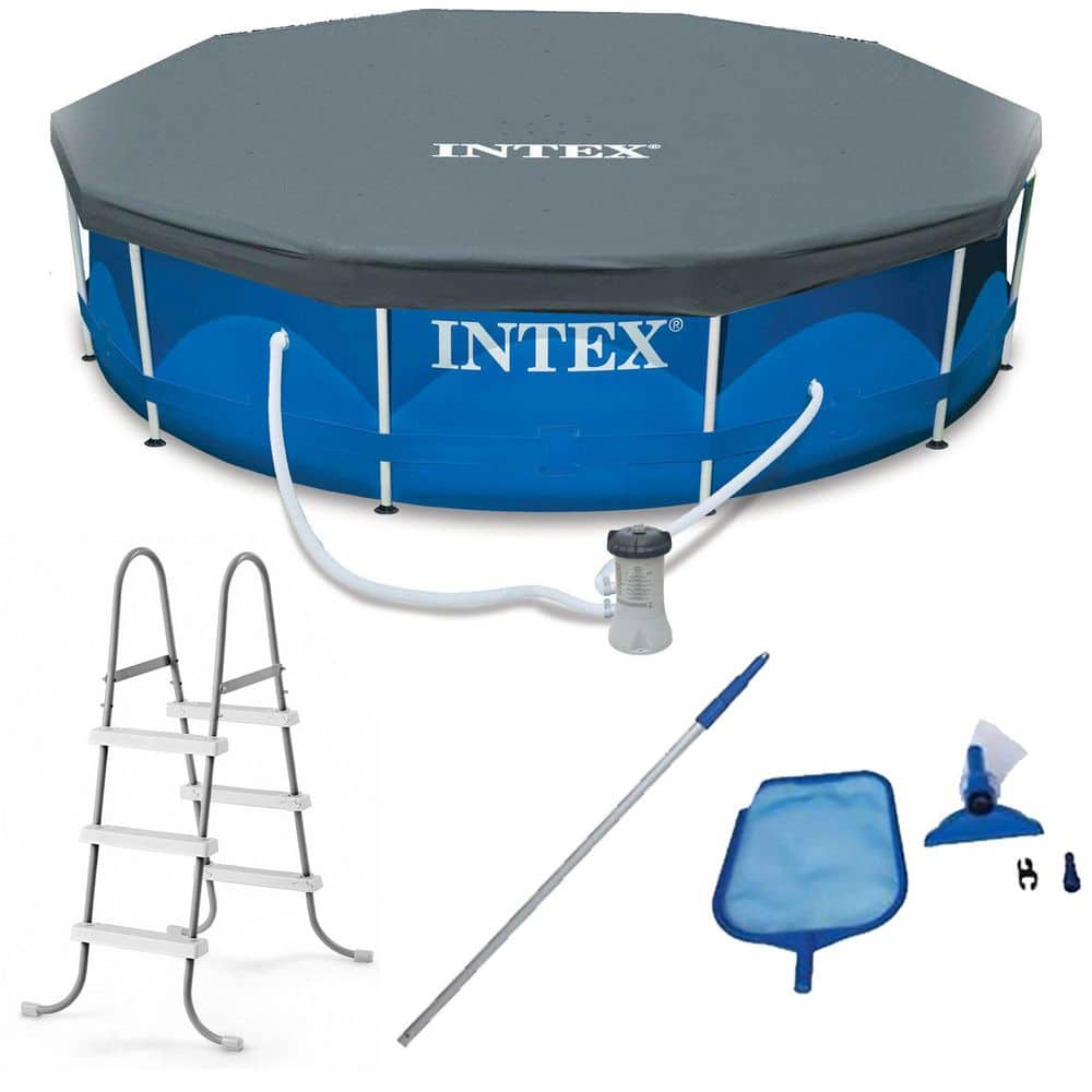 INTEX 12 ft. x 2.5 ft. Metal Frame Above Ground Pool with Filter and Accessories, Round 28065E + 28002E + 28211EH + 28031E