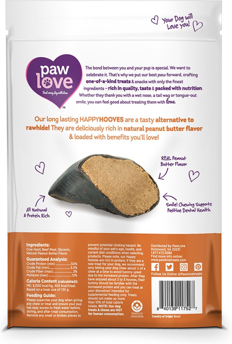 PawLove 1.5-in Peanut Butter Happy Hooves Dog Treat， 4 count