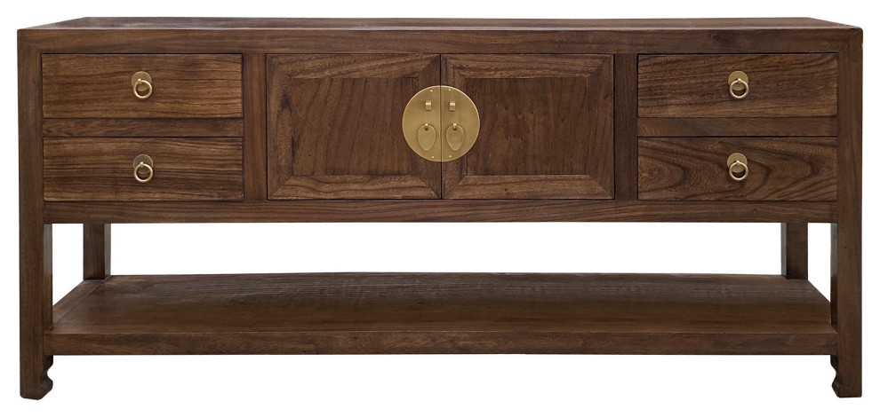 Chinese Oriental Brown Stain Low TV Console Moon Face Table Cabinet Hcs7572   Asian   Entertainment Centers And Tv Stands   by Golden Lotus Antiques  Houzz