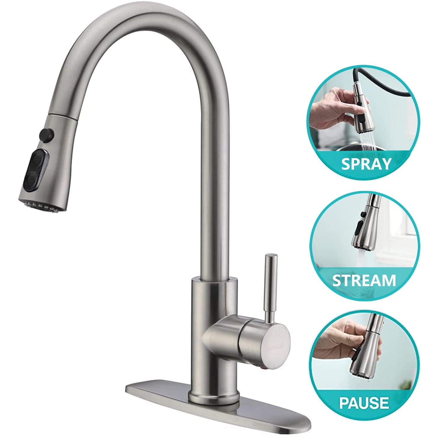 PHANCIR Kitchen Faucet with Pull Down Sprayer， High Arc Single Handle Kitchen Sink Faucets with Pause Button Premium Brushed Nickel with Deck Plate Suit to 1 or 3 Holes