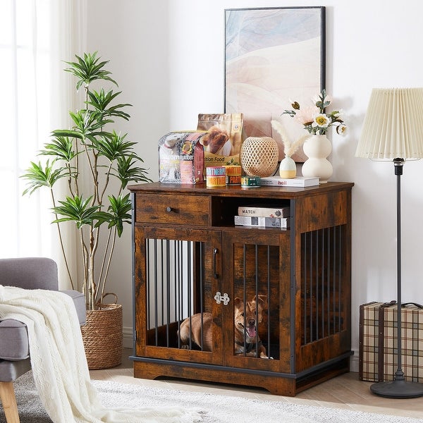 Industrial Furniture Style Dog Crate Dog Kennel with Loackable Door and Removable Bottom Tray， Side Table End Table with Storage