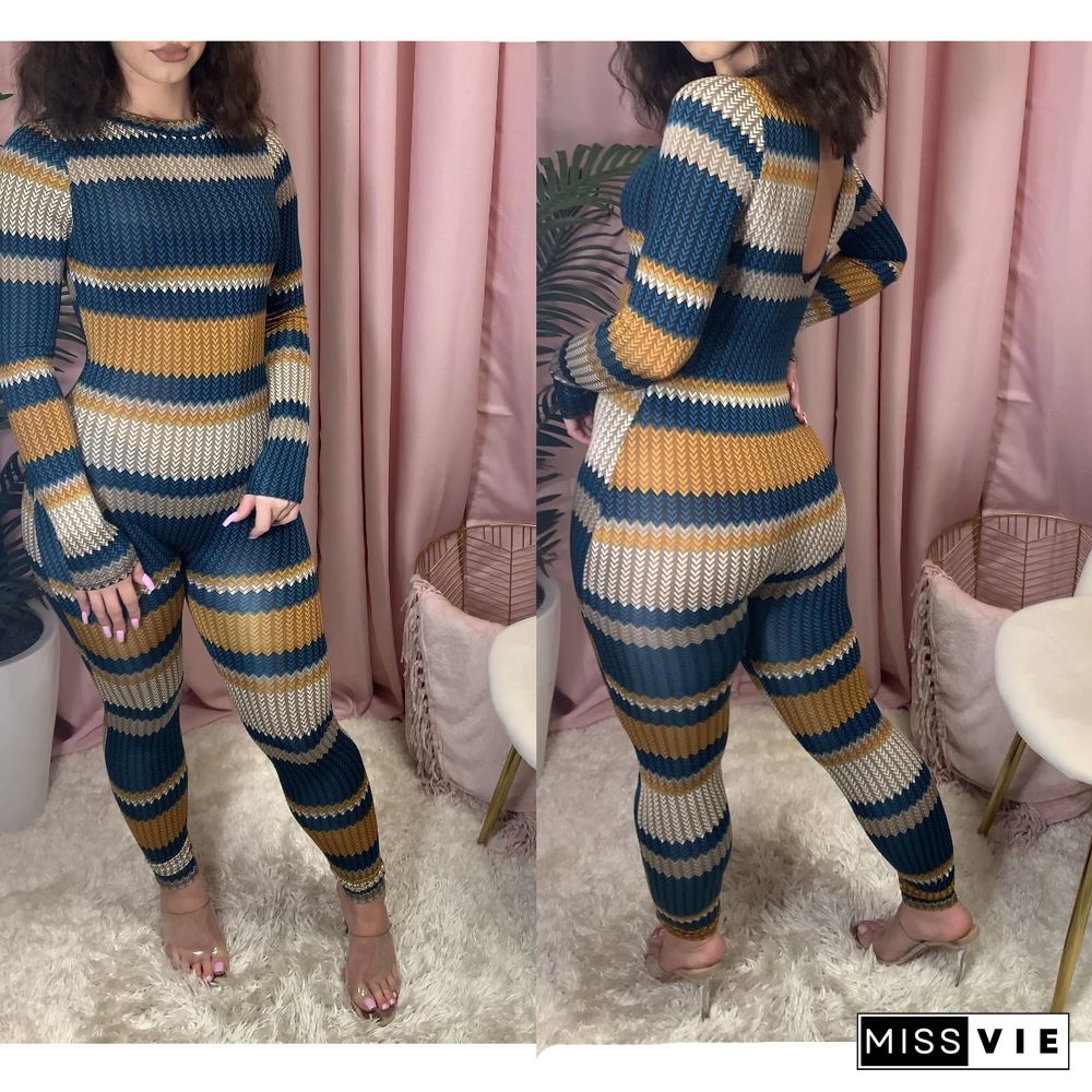 Women's Striped Print Long Sleeve High Waist Jumpsuit