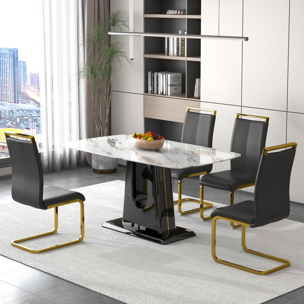 1 table and 4 chairs. Modern  simple and luxurious white imitation marble rectangular table and desk with 4 white PU leg