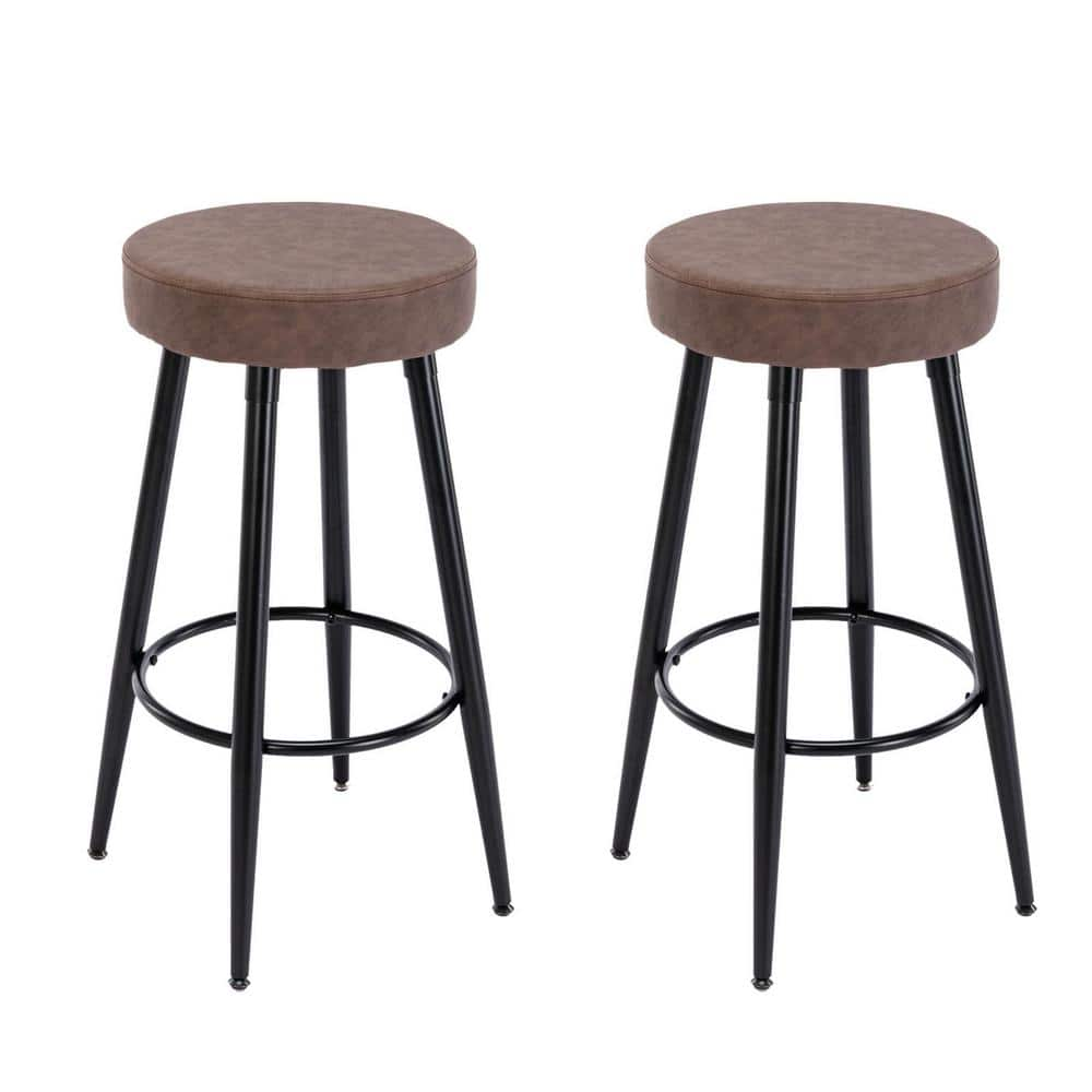 mieres 28 in. H Industrial PU Leather Bar Stools Round Kitchen Counter Stools Bar Chairs with Metal Leg (Set of 2) YWZW1143412041