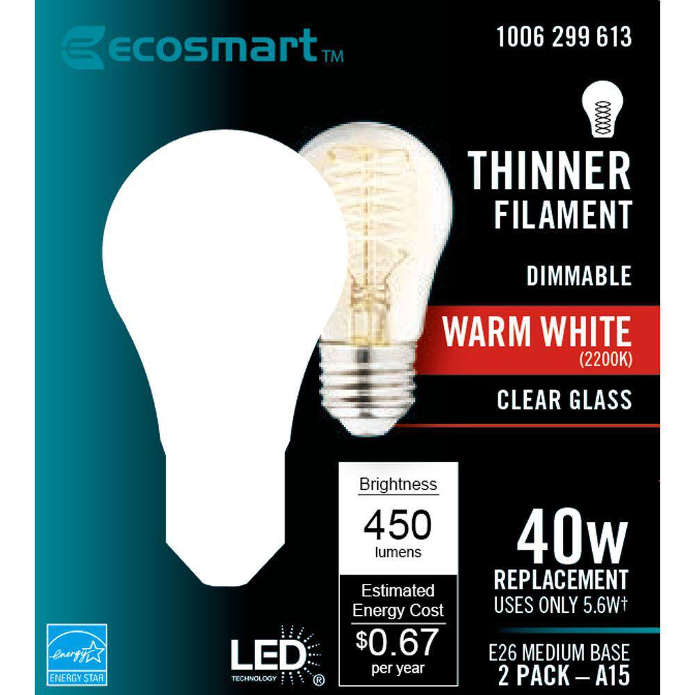 EcoSmart 40-Watt Equivalent A15 Dimmable Fine Bendy Filament LED Vintage Edison Light Bulb Warm White (2-Pack) A15C6E26822S