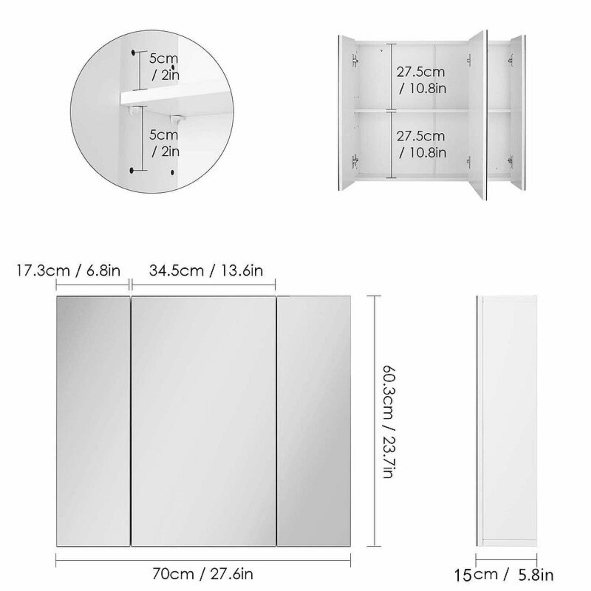 Homfa Medicine Cabinet with Mirror for Bathroom, 3 Door Wall Mounted Storage Mirror Cabinet with Adjustable Shelves White