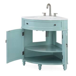 Benton Collection Thomasville 24 in. W x 24 in D. x 34.5 in. H Corner Bath Vanity in light blue with White Marble Top and porcelain Sink ZK-47544BU