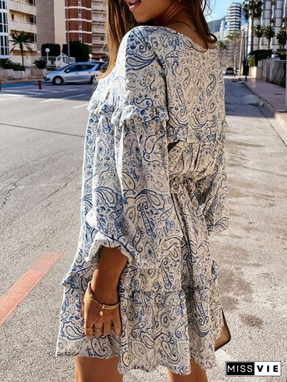 Pleated Lantern Long Sleeve Printed Dress P14057