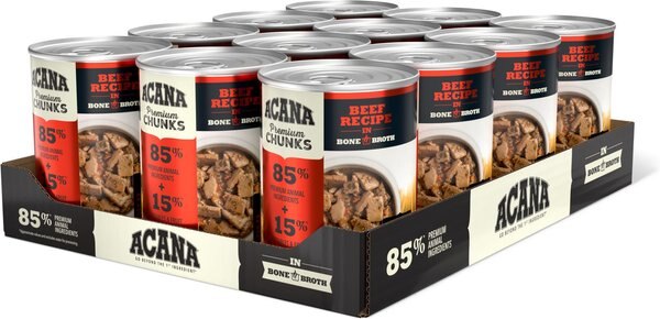 ACANA Premium Chunks Beef Recipe in Bone Broth Grain-Free Wet Dog Food， 12.8-oz can， case of 12