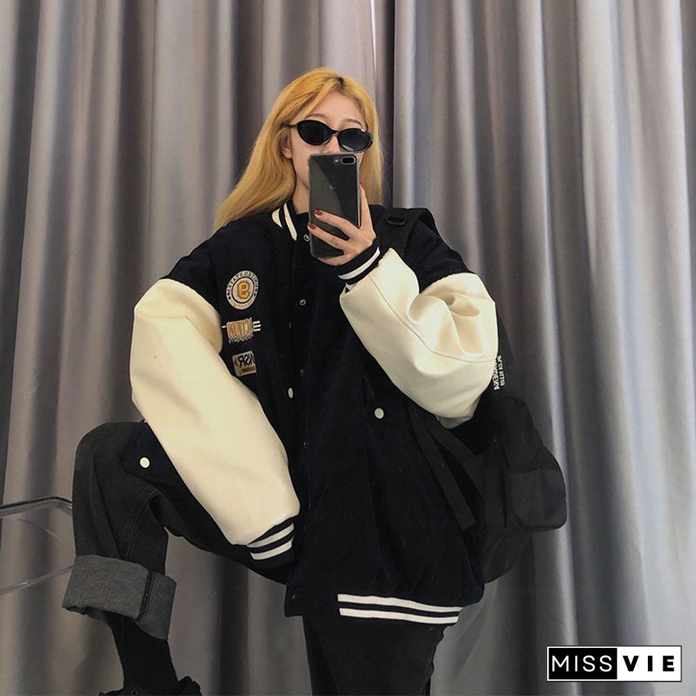 Contrasting Color Stitching Baseball Uniform Women Couple Students Spring Autumn New Retro Jacket Corduroy Coat Tide 31