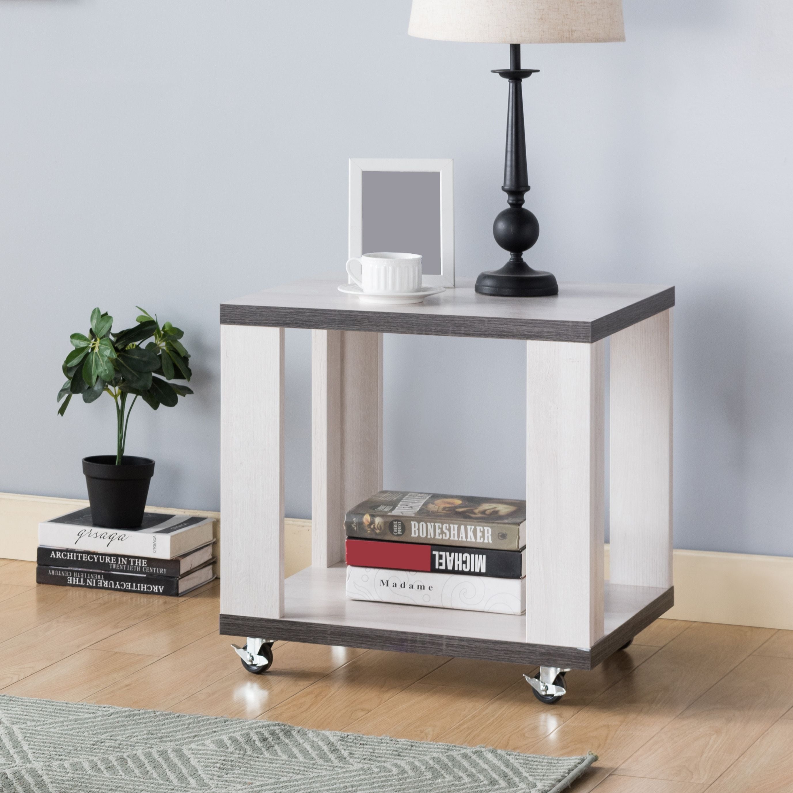 Q-Max Two-Toned End Table with Casters， Side Table with Bottom Shelf， White Oak and Distressed Grey Finish