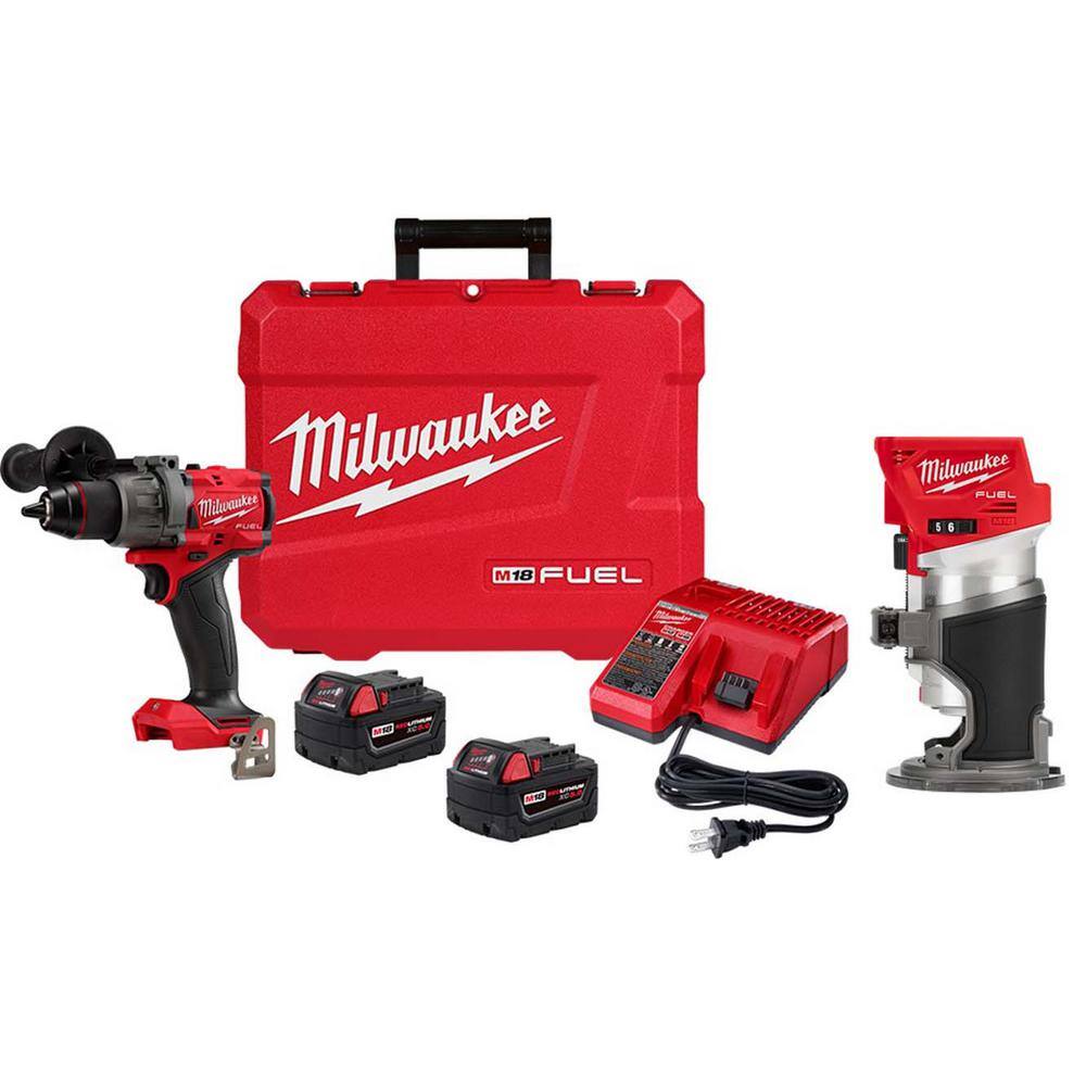 MW M18 Fuel 18-V Lithium-Ion Brushless Cordless 12 in. Hammer Drill Driver Kit with M18 FUEL Compact Router 2904-22-2723-20