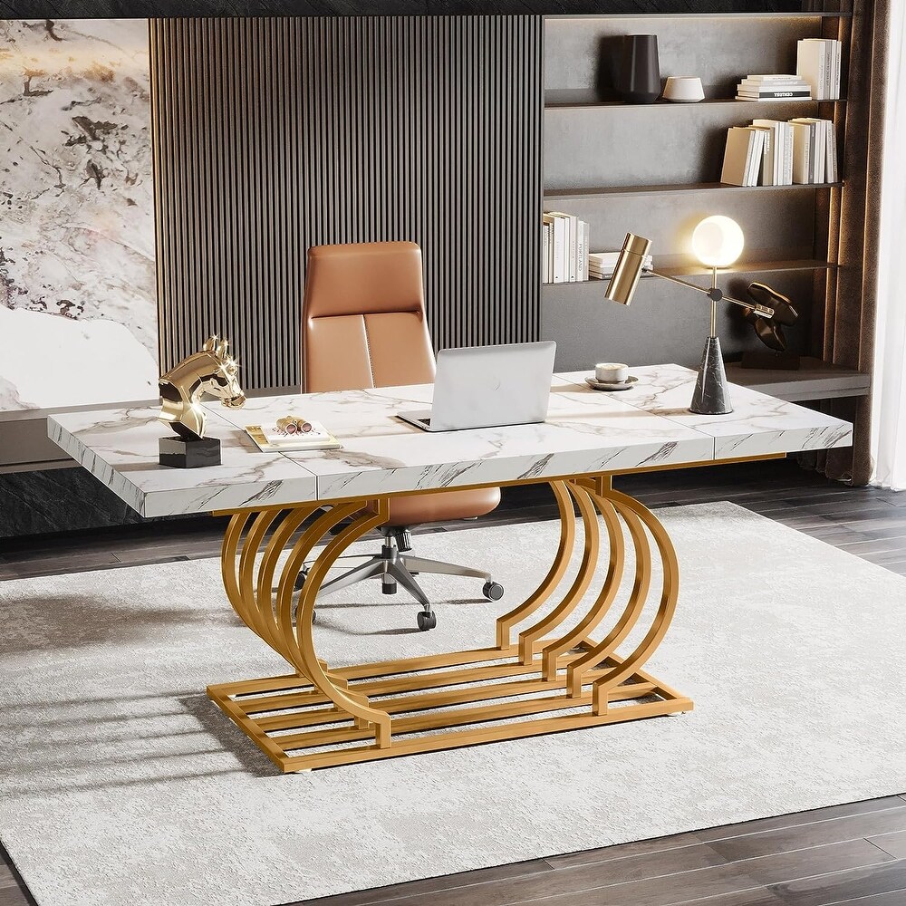 White and Gold Executive Desk  Large Computer Desk Home Office Desk