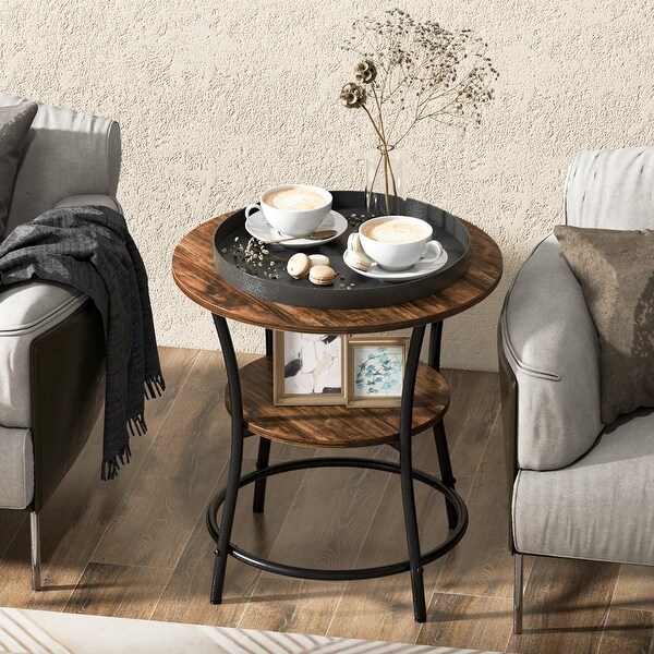 Gymax 2-Tier Side Table Compact Round Metal Frame Coffee Table w/ Open