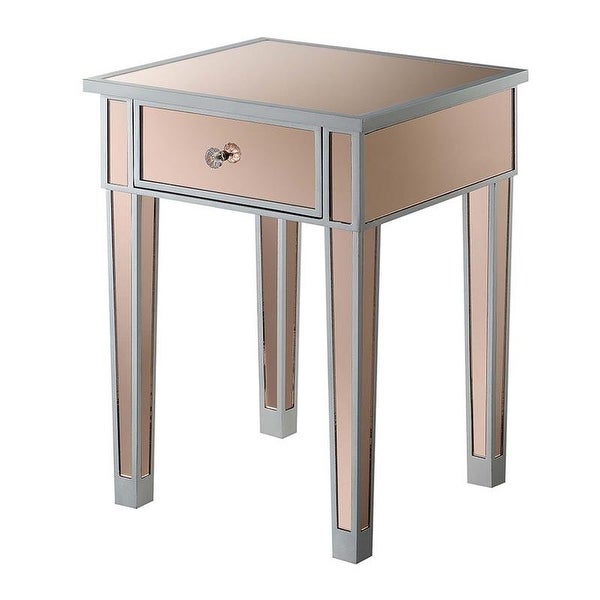 Gold Coast Mirrored End Table with Drawer， Antique Silver