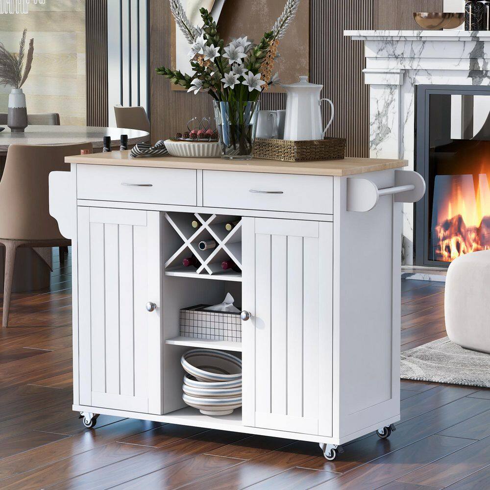 Nestfair White Kitchen Island with 2-Storage Cabinets and 4-Locking Wheels LKK294554K