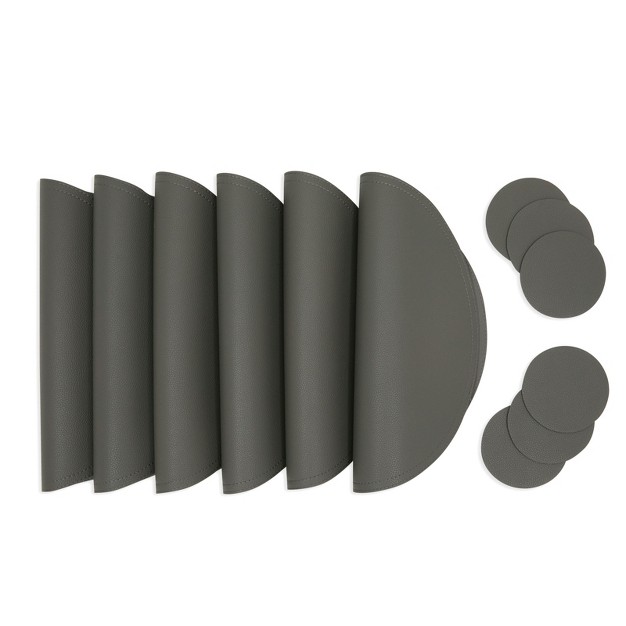 Juvale Set Of 6 Faux Leather Round Placemats And 6 Circle Coasters For Dining Table Dark Gray