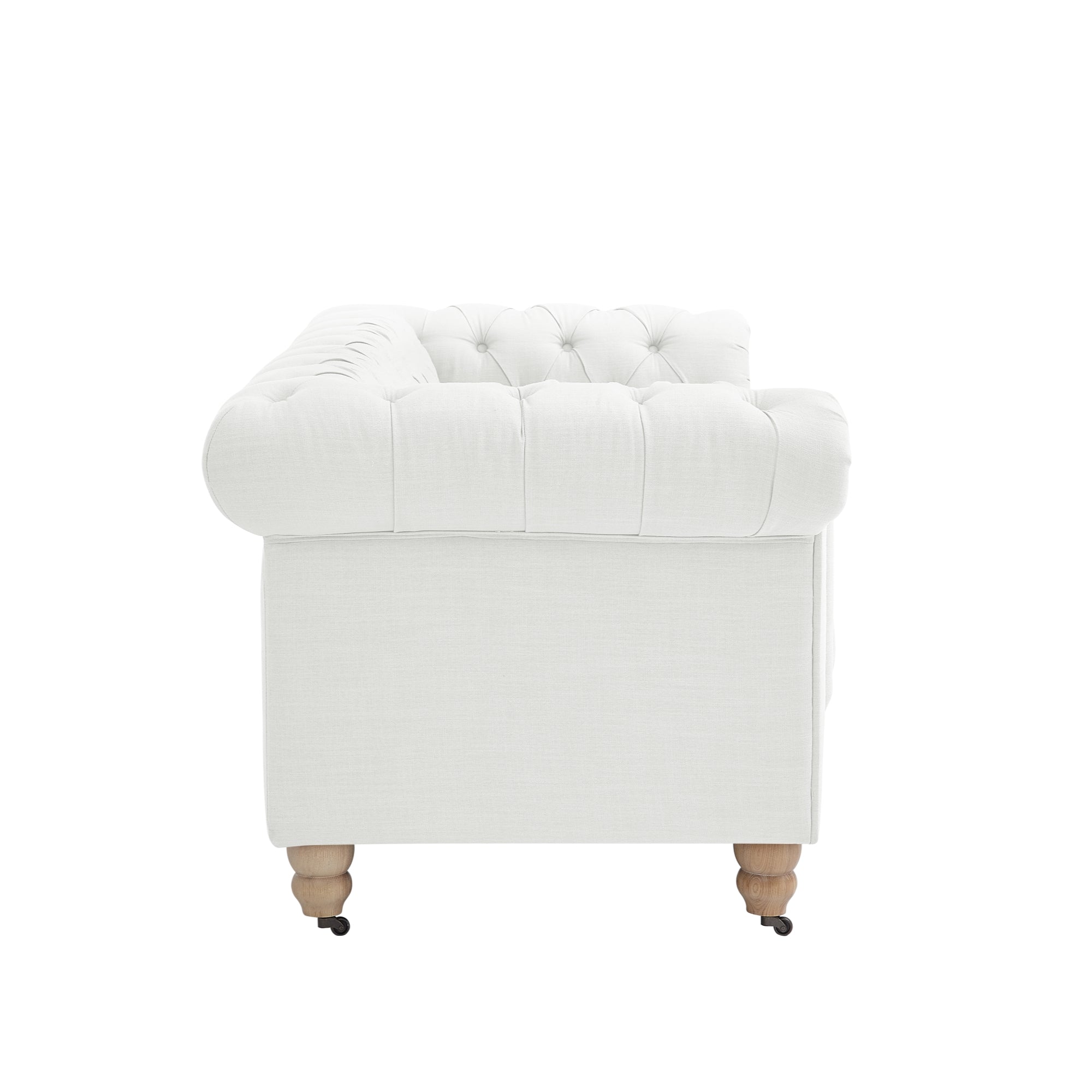 Shabby Chic Audriana Button Tufted Loveseat Linen Sofa With Casters, Cream White 71 x 33.5 x 30.4