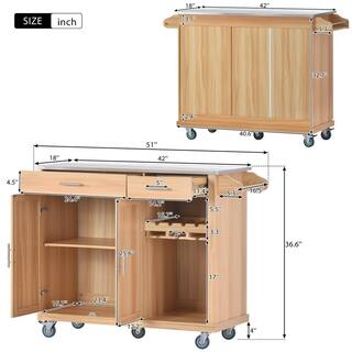 51 in. W Brown MDF Stainless Steel Top Kitchen Cart Kitchen Island on Wheels with 2-Drawers and Goblet Holder wykkisland06