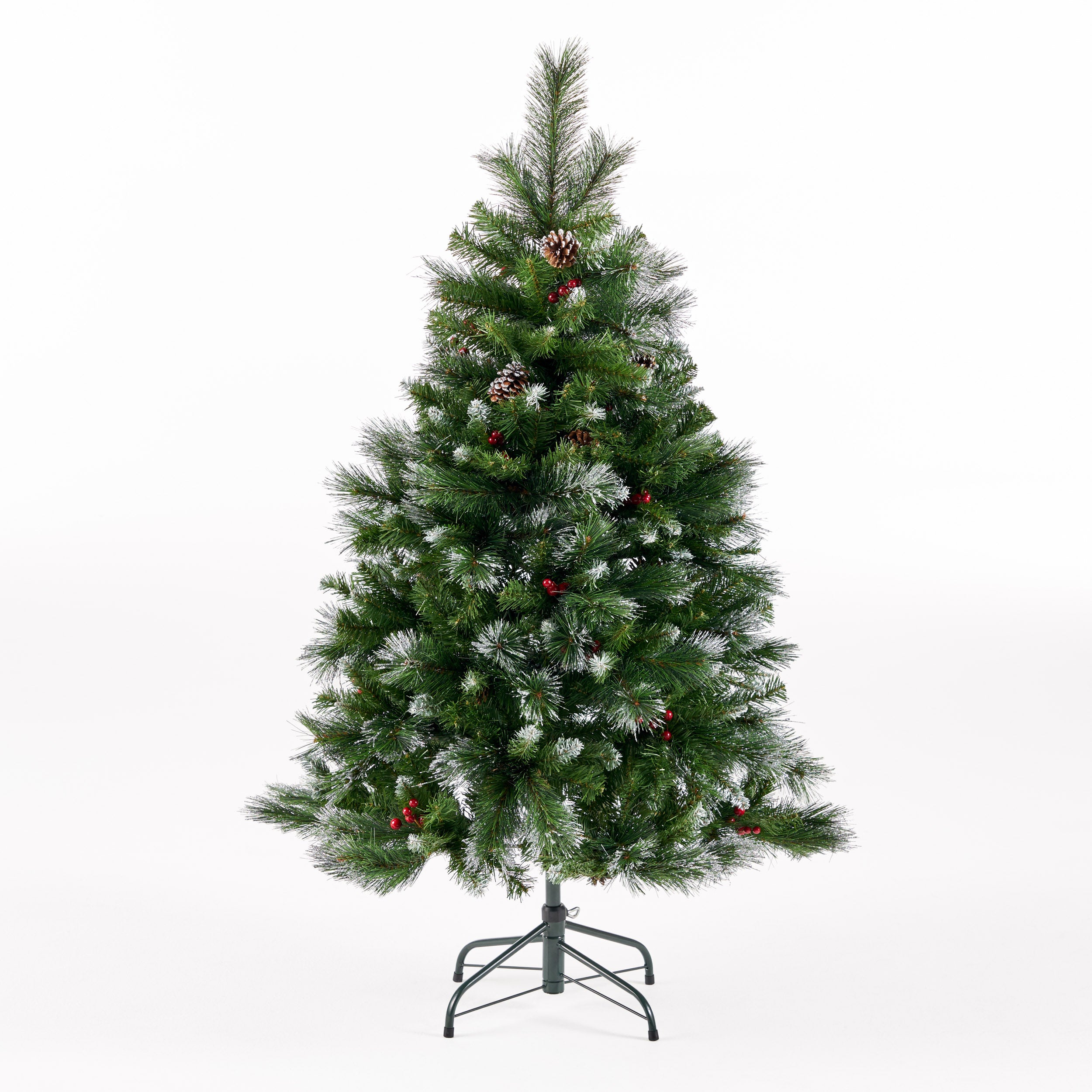 4.5-foot Mixed Spruce Hinged Artificial Christmas Tree with Glitter Branches, Red Berries, and Pinecones