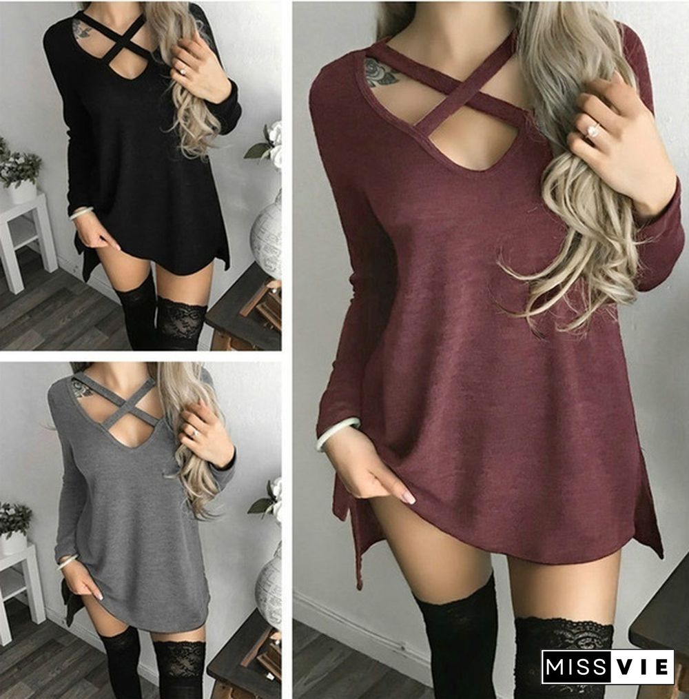 Women Spring Summer Fashion Long Sleeve Tops Black Casual Knitted Sweater Dresses Ladies Fashion Loose Mini Dress Pure Color Cotton Shirt Sexy Deep V-Neck Slim Fit Waist Bodycon Club Wear Knit Slit Party Robe Chic FemmeT-shirt