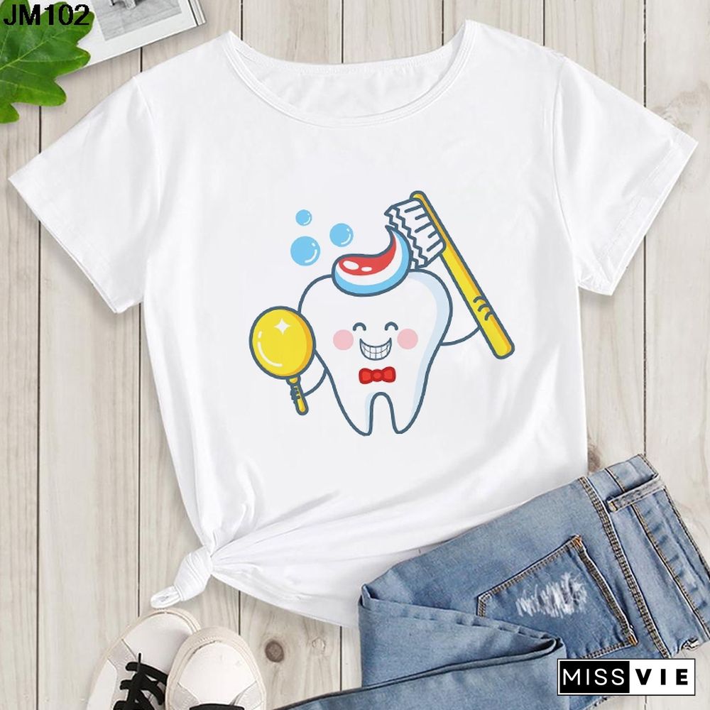 Aesthetic Funny Tooth Dentist Print Female Clothing T-shirt 90s Harajuku Kawaii O-neck Tshirt Summer Fashion Women's Top T Shirt