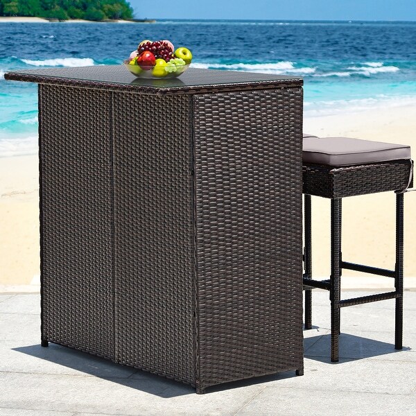 Costway Patio 3PCS Rattan Bar Table Stool Set Cushioned Chairs with