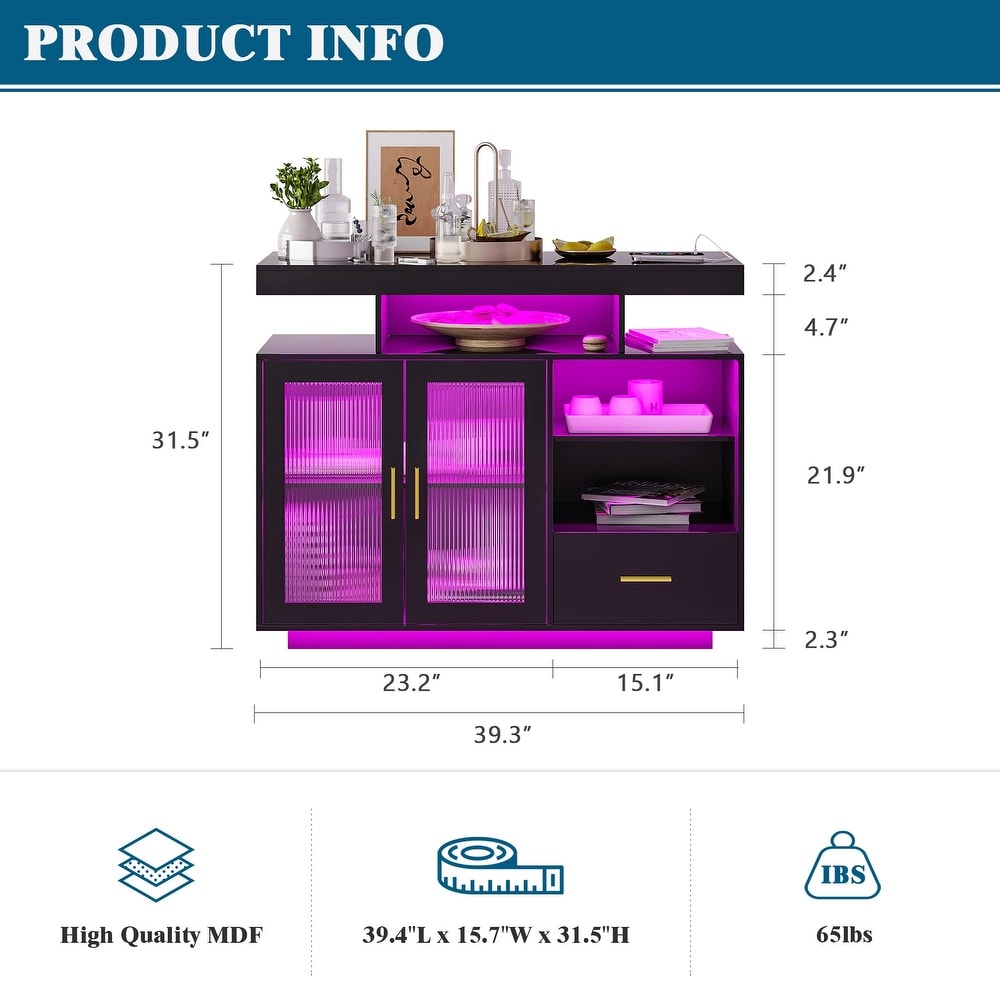 Modern LED Sideboard Buffet Cabinet with Charging Station  Cupboard with Body Sensor Light  Coffee Bar Cabinet with Panel