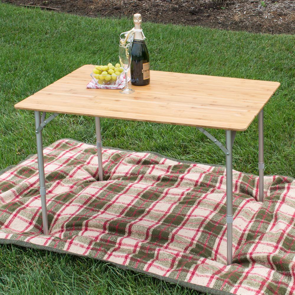 AmeriHome 39.35 x 25.5 Inch Adjustable Height Folding Bamboo Wood Table with Carry Bag 807608