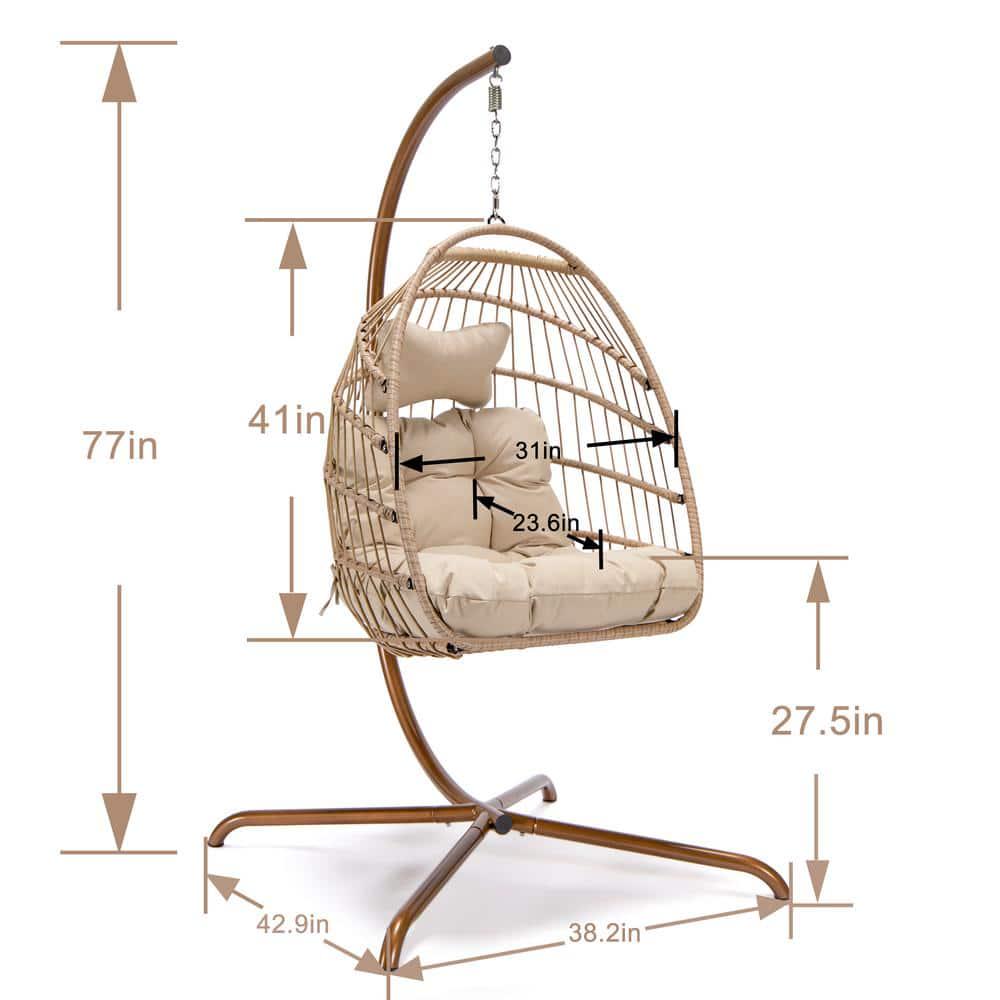 NICESOUL Foldable 350 lbs 1Person Wicker Porch Swing with Beige Body Beige Custion without Cover Hanging Egg Chair with Stand