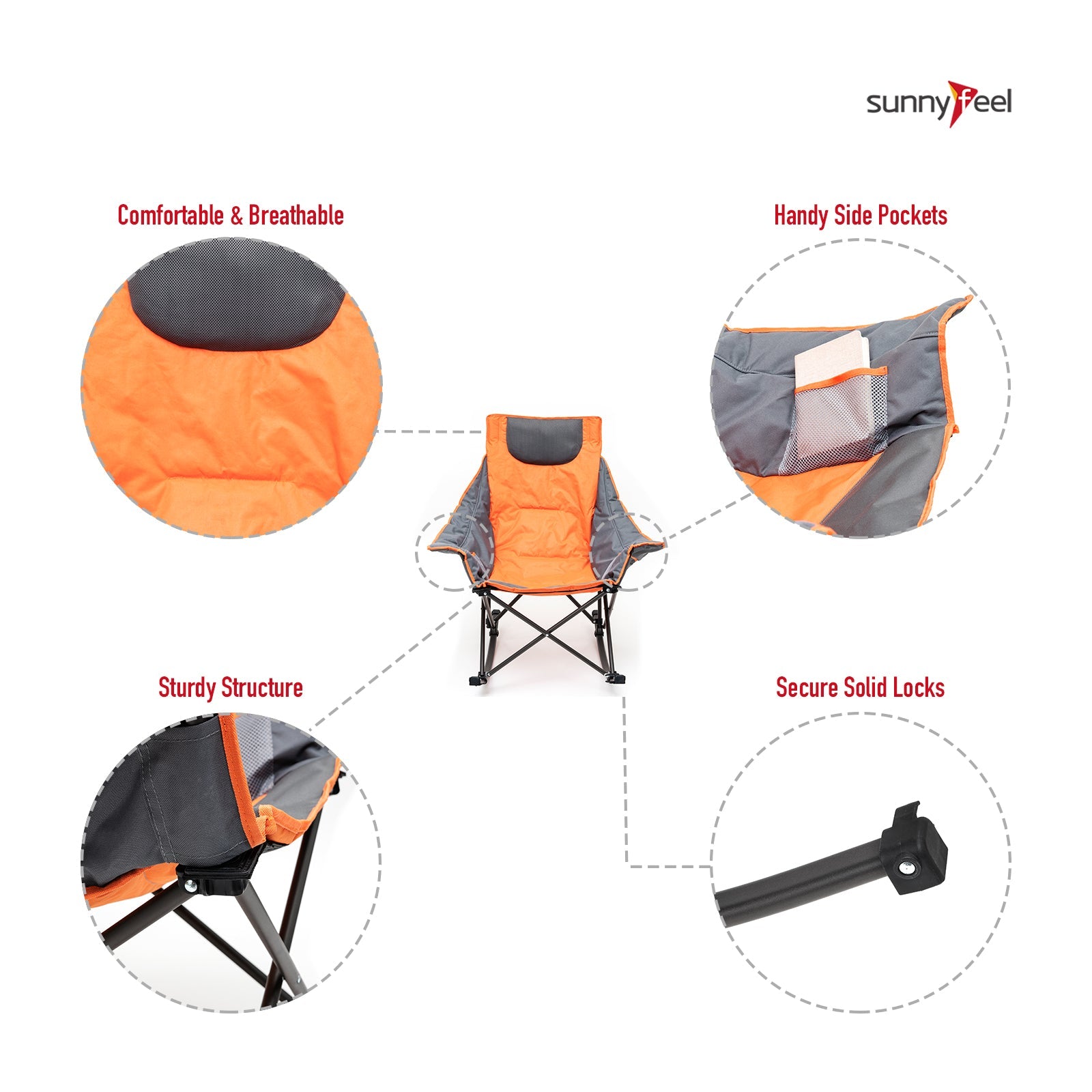 Sunnyfeel Camping Rocking Chair for Adults, Luxury Padded Recliner, Oversized Folding Rocker Lawn Chair (Orange)