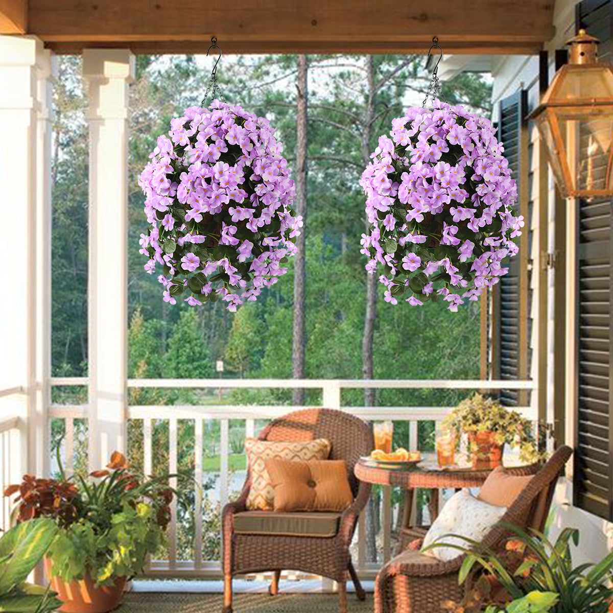 Artificial Hanging Flowers in Basket for Patio Garden Decor,Artificial Hanging Plant in Basket,Coconut Lining Hanging Basket with Begonia for The Decoration of Outdoor and Indoor(Light Purple)