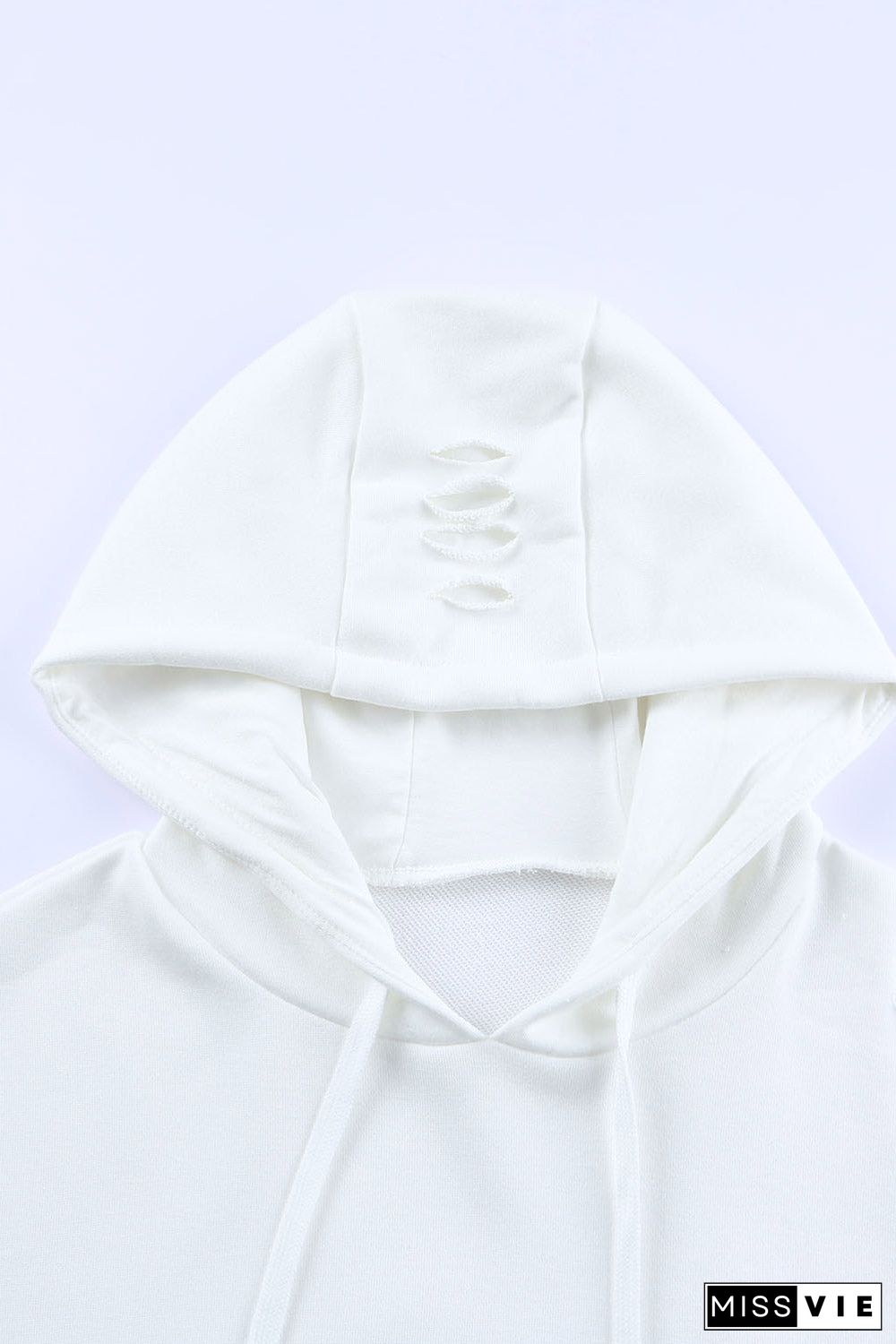 Solid Ripped Hooded Sweatshirt With Kangaroo Pocket