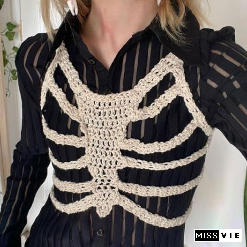 Skeleton Corset Crop Tops Y2K Gothic Clothes Crochet Hollow Out Tanks Women Summer Tee 2000S Aesthetic T Shirt Ropa Gotica Mujer